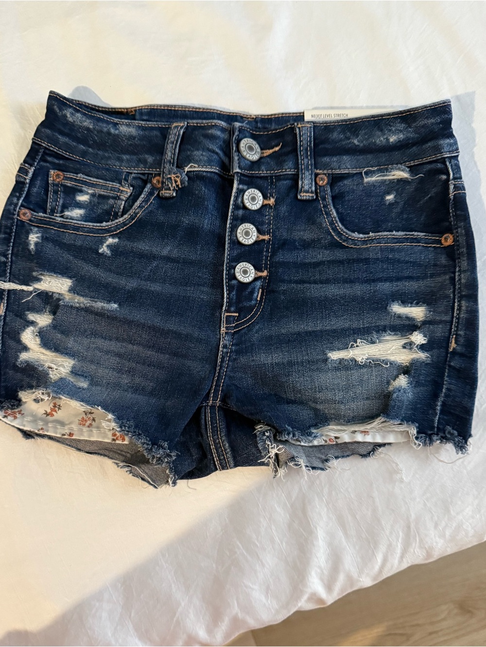 American Eagle Outfitters Dark Blue Distressed Button-Fly Jean Shorts